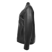 Womens Soft Black Leather Classic V Neckline Collarless Jacket Lolita Side