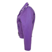 Womens Cowhide Biker Leather Jacket Brando Style Coat Helen Lilac side