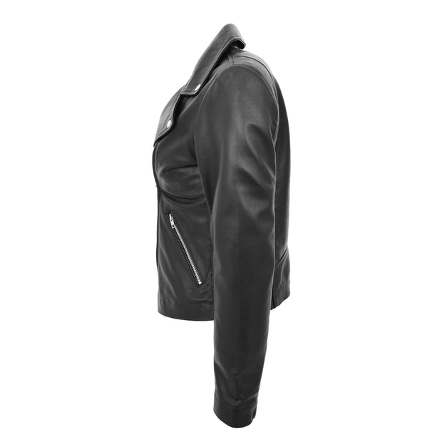 Ladies Real Leather Jacket High Quality Zip Fasten Fitted Biker Style Sadie Black Side