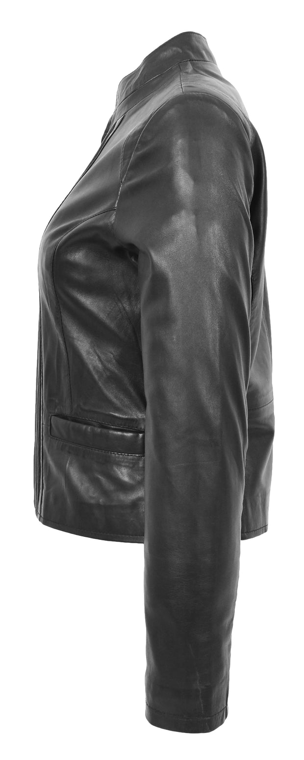 Womens Soft Black Leather Biker Jacket Stand-Up Band Collar Bliss 3