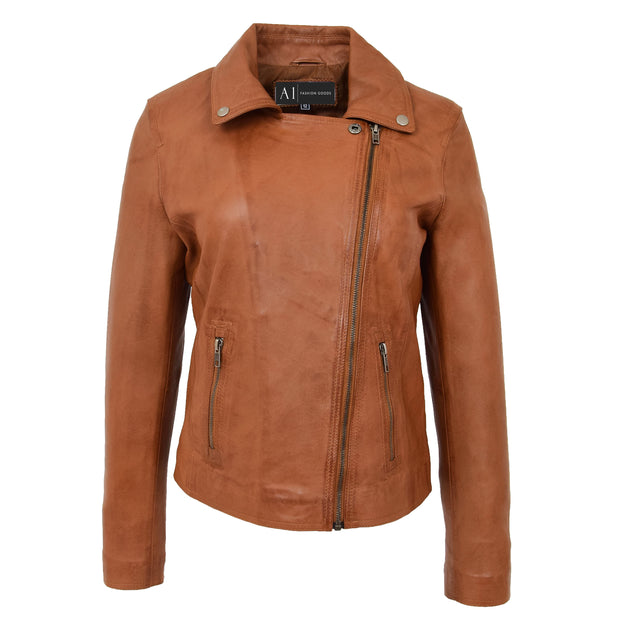 Womens Genuine Leather Biker Jacket Designer Fitted Coat Myla Tan Close Neck