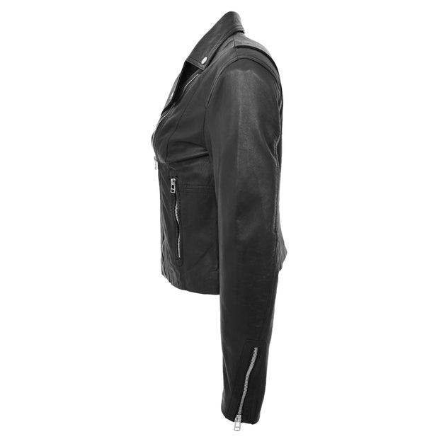 Womens Soft Genuine Leather Biker Jacket Slim Fit Coat Julie Black Side