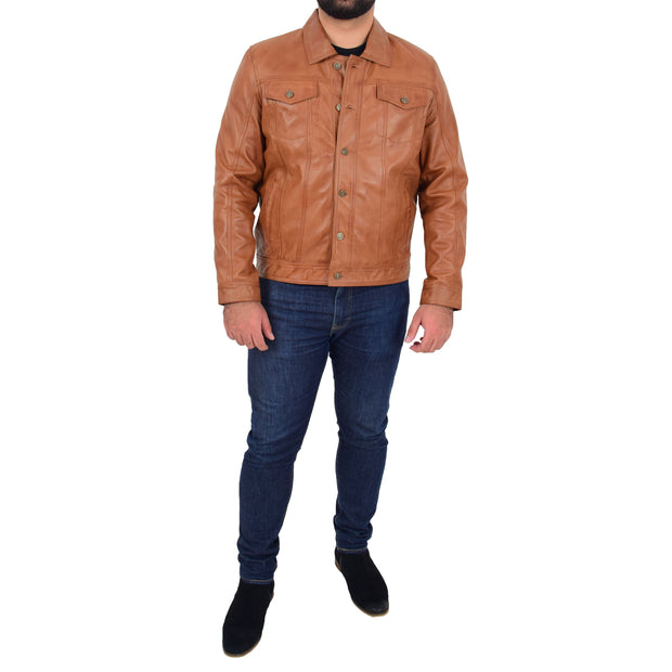 Mens Trucker Soft Leather Jacket Western Denim Style Coat Bond Tan 4