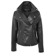 Womens Genuine Leather Biker Jacket Designer Fitted Coat Myla Black Open Neck