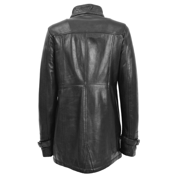 Ladies Genuine Black Leather Duffle Coat Removable Hood Parka Jacket Patty Back Without Hood 