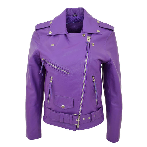 Womens Cowhide Biker Leather Jacket Brando Style Coat Helen Lilac Front 1
