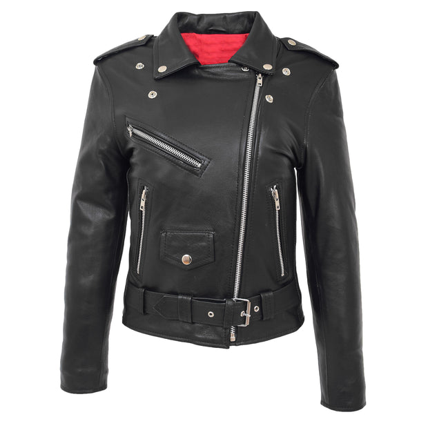 Womens Cowhide Black Biker Jacket Tough Heavy Duty Leather Brando Style Kira Close Neck
