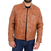 Mens Trucker Soft Leather Jacket Western Denim Style Bond Tan