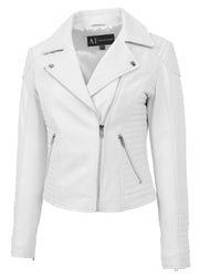 Womens Designer Leather Biker Jacket Fitted Quilted Bonita White-3