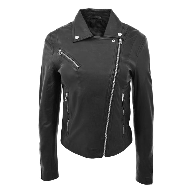 Womens Soft Genuine Leather Biker Jacket Slim Fit Coat Julie Black Front 2