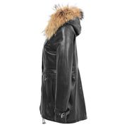 Ladies Genuine Black Leather Duffle Coat Removable Hood Parka Jacket Patty Side