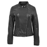Trendy Black Leather Biker Jacket For Women Quilted Fitted Band Collar Penny Close Neck