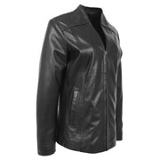Womens Soft Black Leather Classic V Neckline Collarless Jacket Lolita Front 2