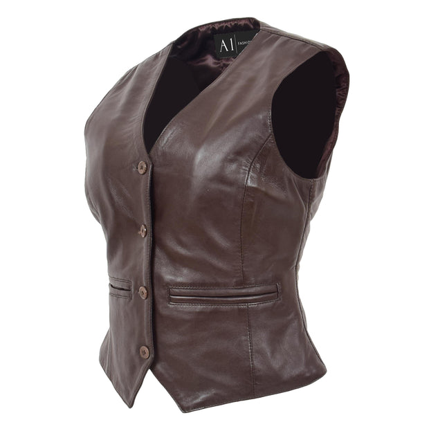 Womens Soft Leather Waistcoat Slim Fit Vest Classic Gilet Katy Brown Front Angle