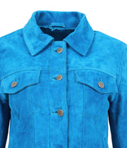 Womens Suede Trucker Jacket Teal Blue Western Denim Biker Style Marisa 4