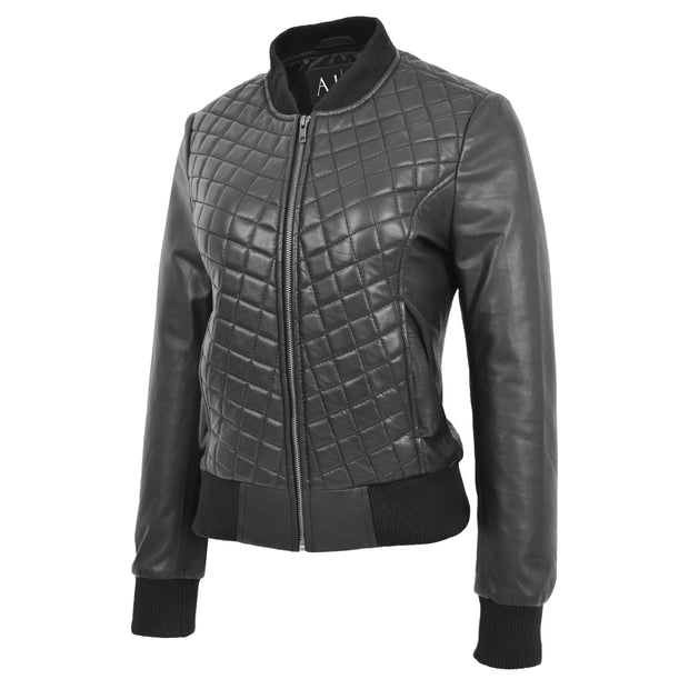 Womens Real Leather Bomber Jacket Black Diamond Quilted Fitted Varsity Storm Front 2