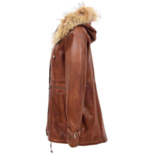 Ladies Genuine Cognac Leather Duffle Coat Removable Hood Parka Jacket Patty Side