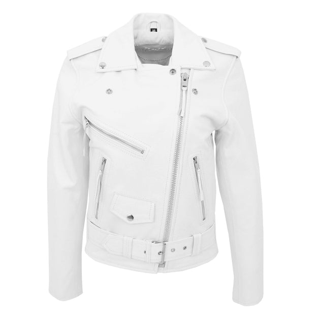 Womens Cowhide Biker Leather Jacket Brando Style Coat Helen White Front 1
