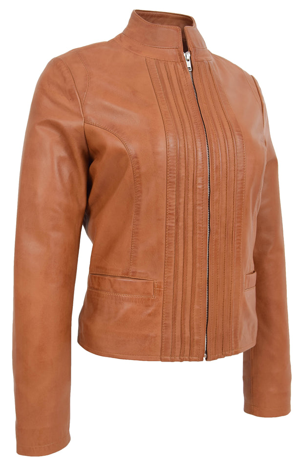 Womens Soft Cognac Leather Biker Jacket Stand-Up Band Collar Bliss 4
