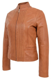 Womens Soft Cognac Leather Biker Jacket Stand-Up Band Collar Bliss 5