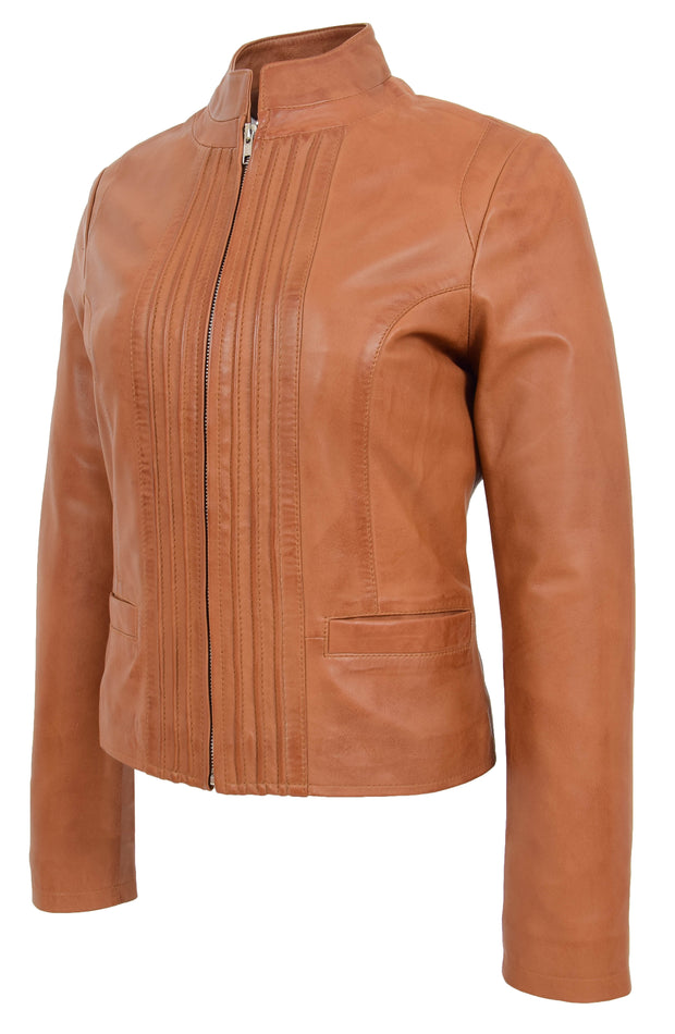 Womens Soft Cognac Leather Biker Jacket Stand-Up Band Collar Bliss 5