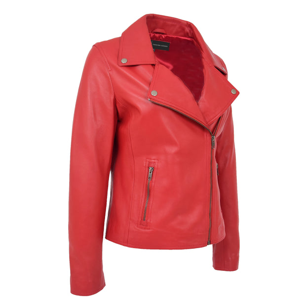 Womens Genuine Leather Biker Jacket Designer Fitted Coat Myla Red Front 1