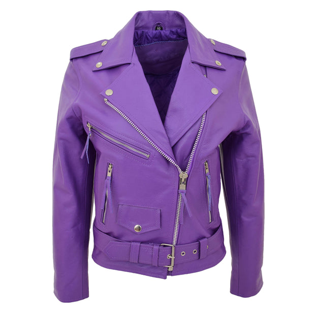 Womens Cowhide Biker Leather Jacket Brando Style Coat Helen Lilac Front 2