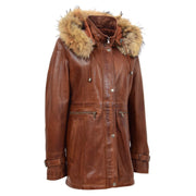 Ladies Genuine Cognac Leather Duffle Coat Removable Hood Parka Jacket Patty Front 1