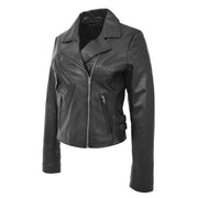 Womens Luxurious Black Leather Biker Jacket Italian Designer Coat Caily Front 2