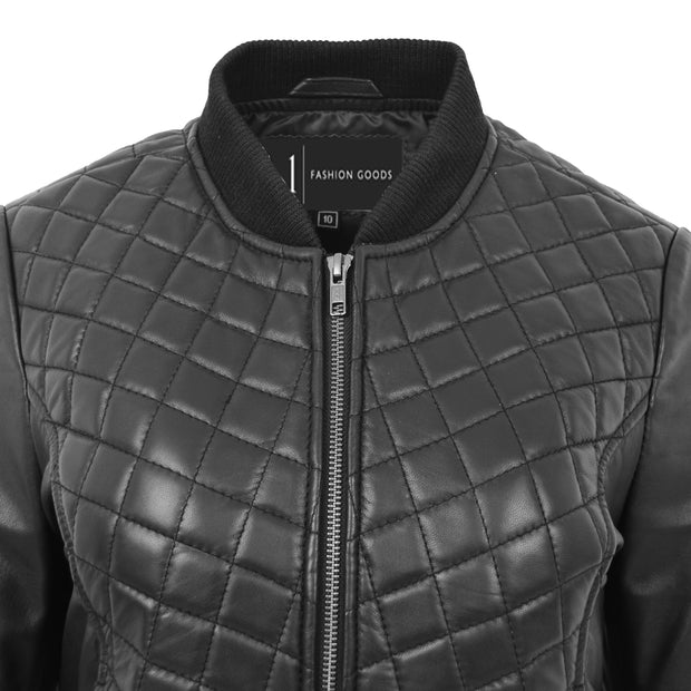 Womens Real Leather Bomber Jacket Black Diamond Quilted Fitted Varsity Storm Feature