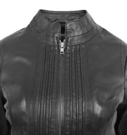 Womens Soft Black Leather Biker Jacket Stand-Up Band Collar Bliss 4