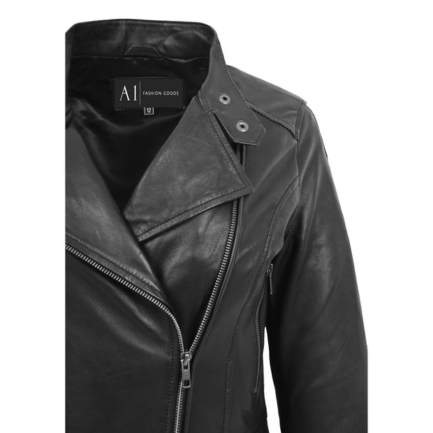 Trendy Black Leather Biker Jacket For Women Quilted Fitted Band Collar Penny Feature 1
