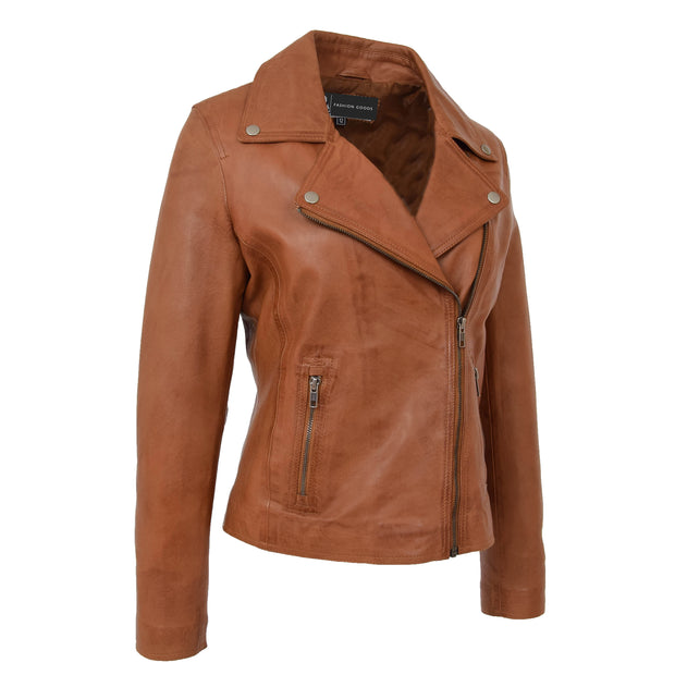Womens Genuine Leather Biker Jacket Designer Fitted Coat Myla Tan Front 1