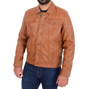 Mens Trucker Soft Leather Jacket Western Denim Style Coat Bond Tan 2