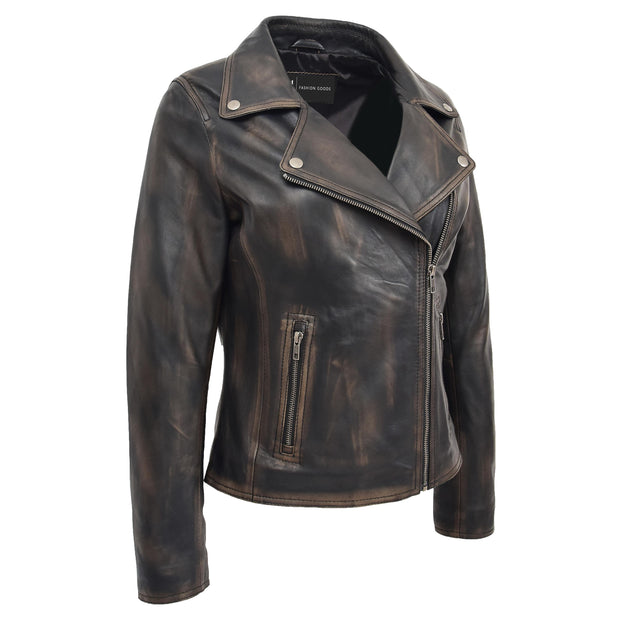 Womens Fitted Real Vintage Rub Off Leather Designer Biker Jacket Myla Front 2