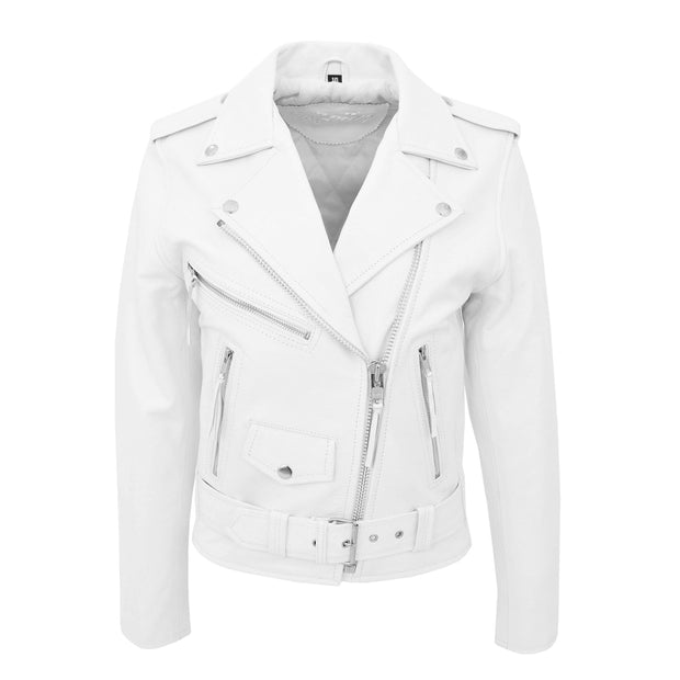 Womens Cowhide Biker Leather Jacket Brando Style Coat Helen White Front 2