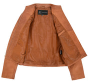 Womens Soft Cognac Leather Biker Jacket Stand-Up Band Collar Bliss 6