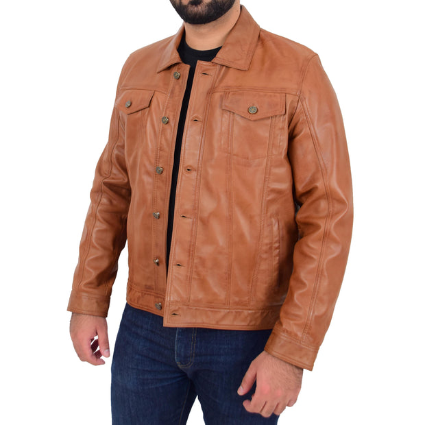 Mens Trucker Soft Leather Jacket Western Denim Style Coat Bond Tan 5