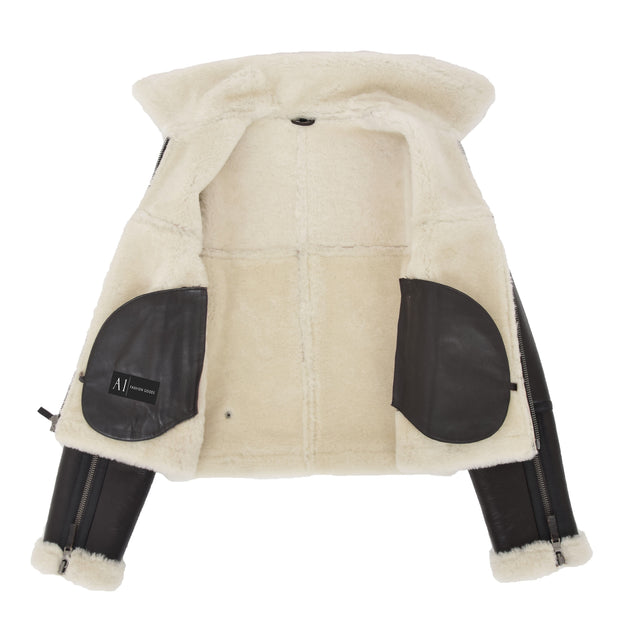 Womens Luxurious Brown Genuine Sheepskin Flying Jacket White Shearling Harriet Lining