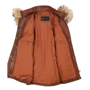 Ladies Genuine Cognac Leather Duffle Coat Removable Hood Parka Jacket Patty Lining