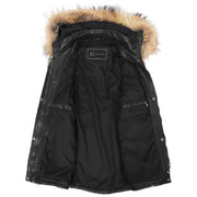 Ladies Genuine Black Leather Duffle Coat Removable Hood Parka Jacket Patty Lining