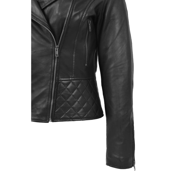 Trendy Black Leather Biker Jacket For Women Quilted Fitted Band Collar Penny Feature 2