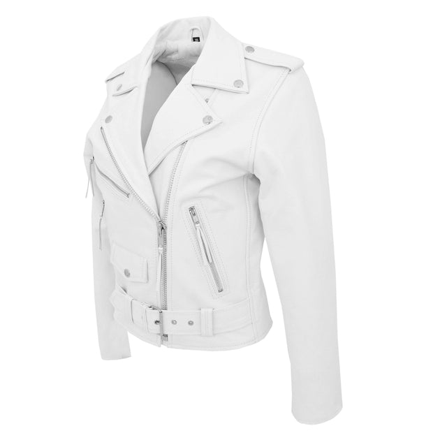 Womens Cowhide Biker Leather Jacket Brando Style Coat Helen White Angle 2