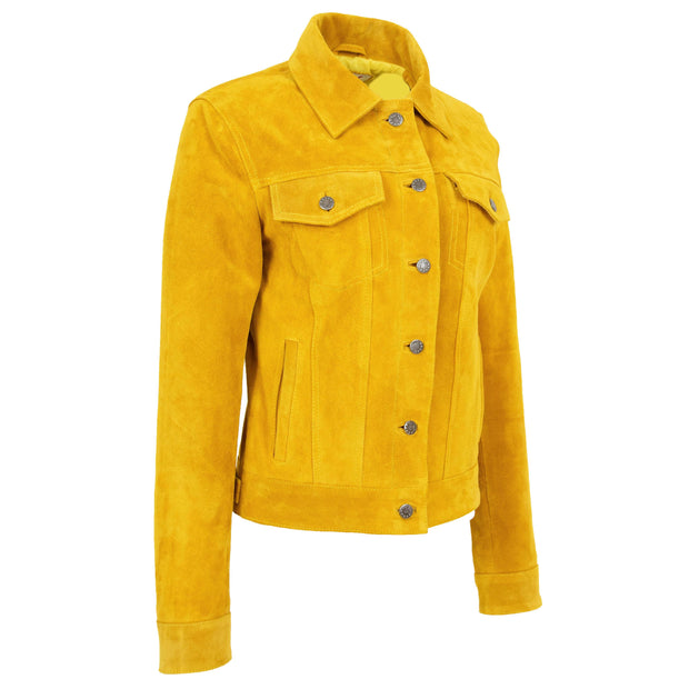 Womens Yellow  Suede Trucker Jacket American Western Denim Biker Style Marisa Front 2