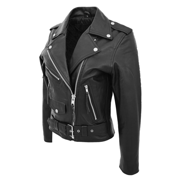 Womens Cowhide Biker Leather Jacket Brando Style Coat Helen Black Front Side 2