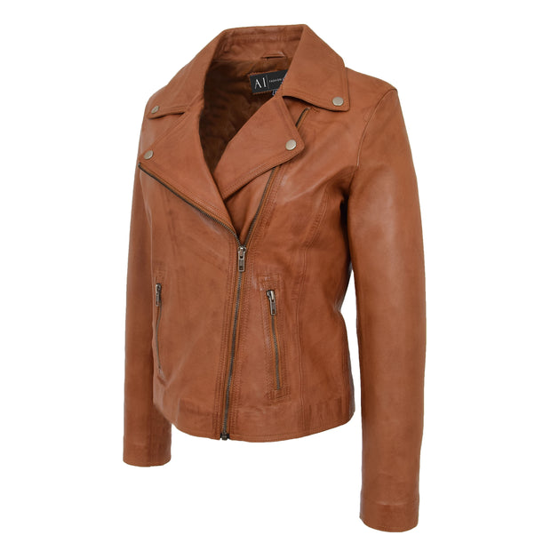 Womens Genuine Leather Biker Jacket Designer Fitted Coat Myla Tan Front 2