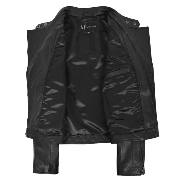 Trendy Black Leather Biker Jacket For Women Quilted Fitted Band Collar Penny Lining