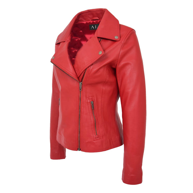 Womens Genuine Leather Biker Jacket Designer Fitted Coat Myla Red Front 2