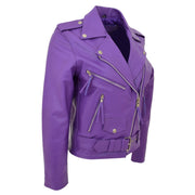 Womens Cowhide Biker Leather Jacket Brando Style Coat Helen Lilac Angle 2