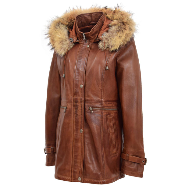 Ladies Genuine Cognac Leather Duffle Coat Removable Hood Parka Jacket Patty Front 2